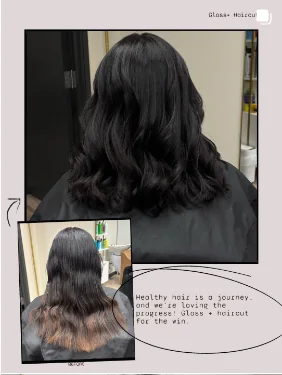 Her before and after post: long, uneven hair before; a glossy, healthy shoulder-length cut after